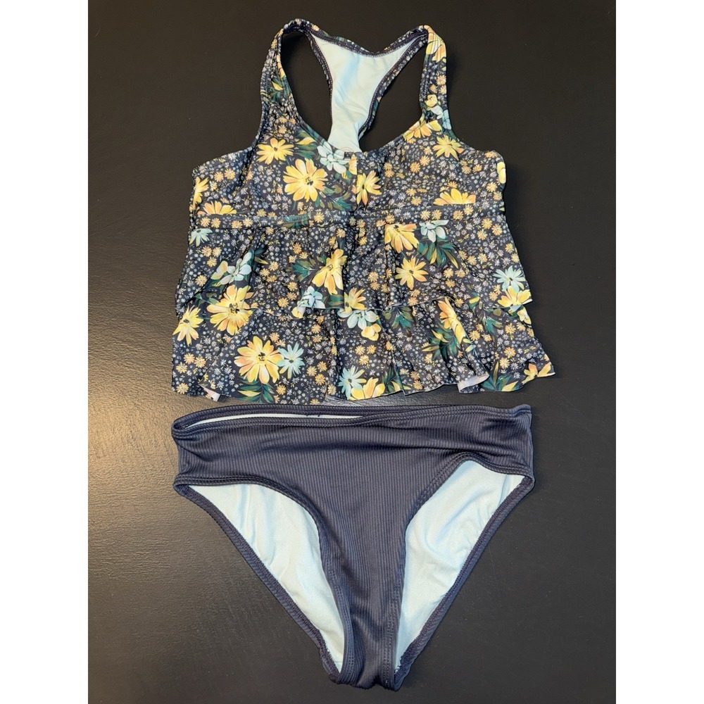 Wonder Nation Girls Size 10/12 Gray Floral Two Piece Swim‎ Set Summer Beach Pool